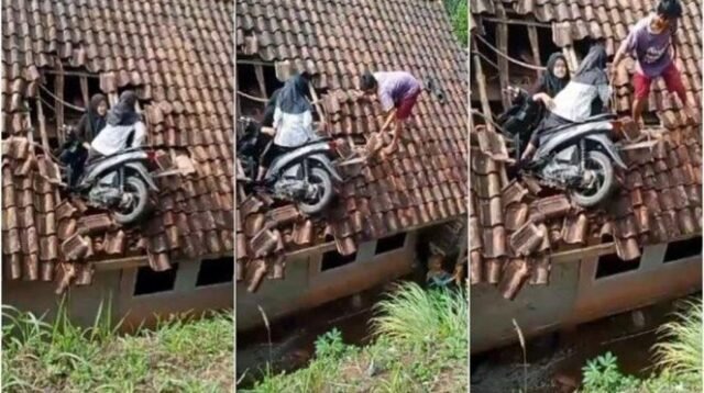 Fakta viral video bocah perempuan dan sepeda motornya tersangkut di atap rumah warga di Tasikmalaya, Jawa Barat, proses evakuasi dibantu warga