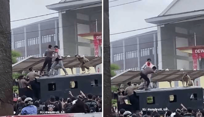 Demo Panas di Sulut! Pendemo dan Aparat Saling Hajar di Atas Truk Polisi